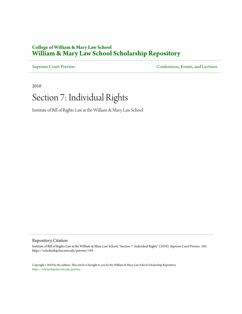 Section 7: Individual Rights Institute of Bill of Rights Law at the William & Mary Law School