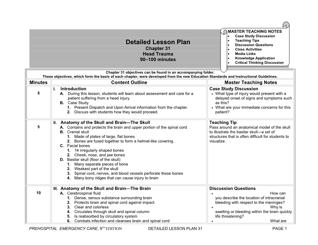 Prehospital Emergency Care, 9Th Edition Detailed Lesson Plan 31 Page 1