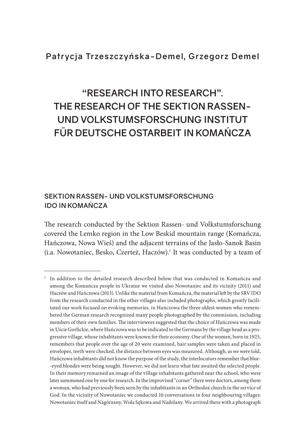 The Research of the Sektion Rassen- Und Volkstumsforschung Institut Für Deutsche Ostarbeit in Komańcza