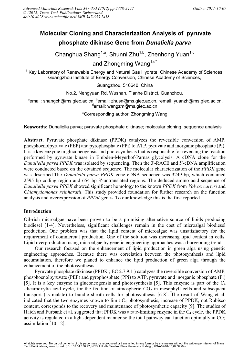 Molecular Cloning and Characterization Analysis of Pyruvate Phosphate Dikinase Gene from Dunaliella Parva