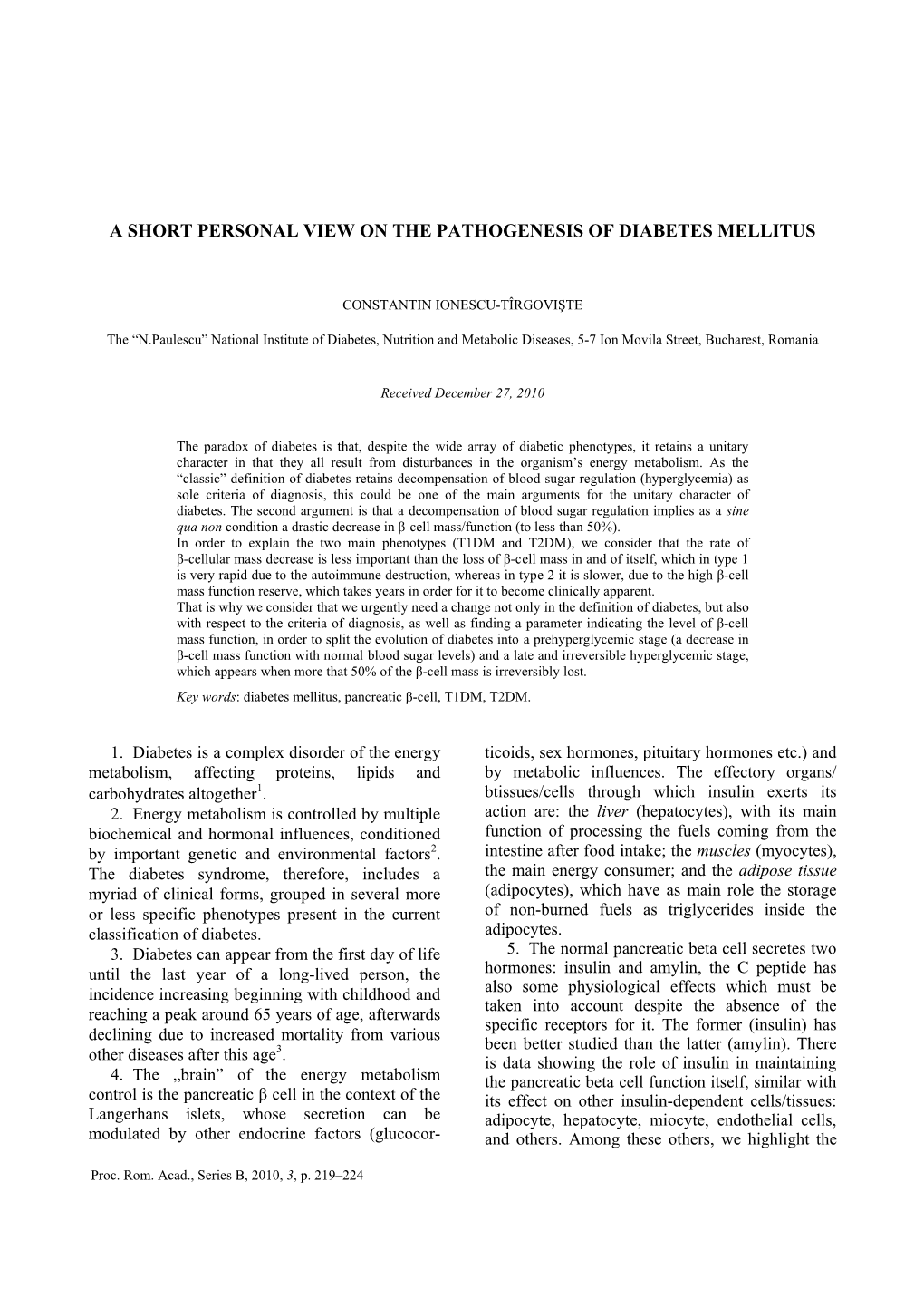 A Short Personal View on the Pathogenesis of Diabetes Mellitus