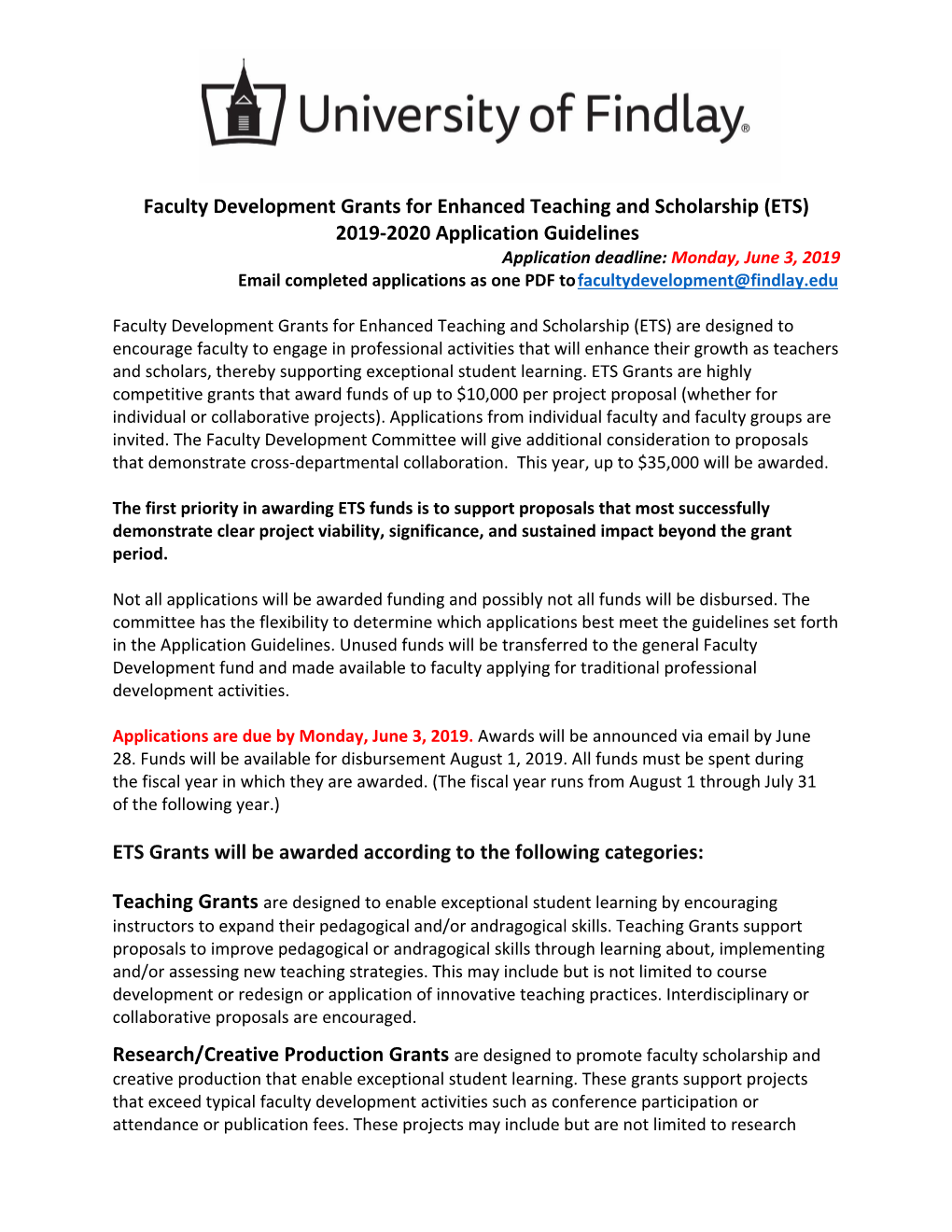 Faculty Development Grants for Enhanced Teaching and Scholarship (ETS) 2019-2020 Application Guidelines ETS Grants Will Be Award