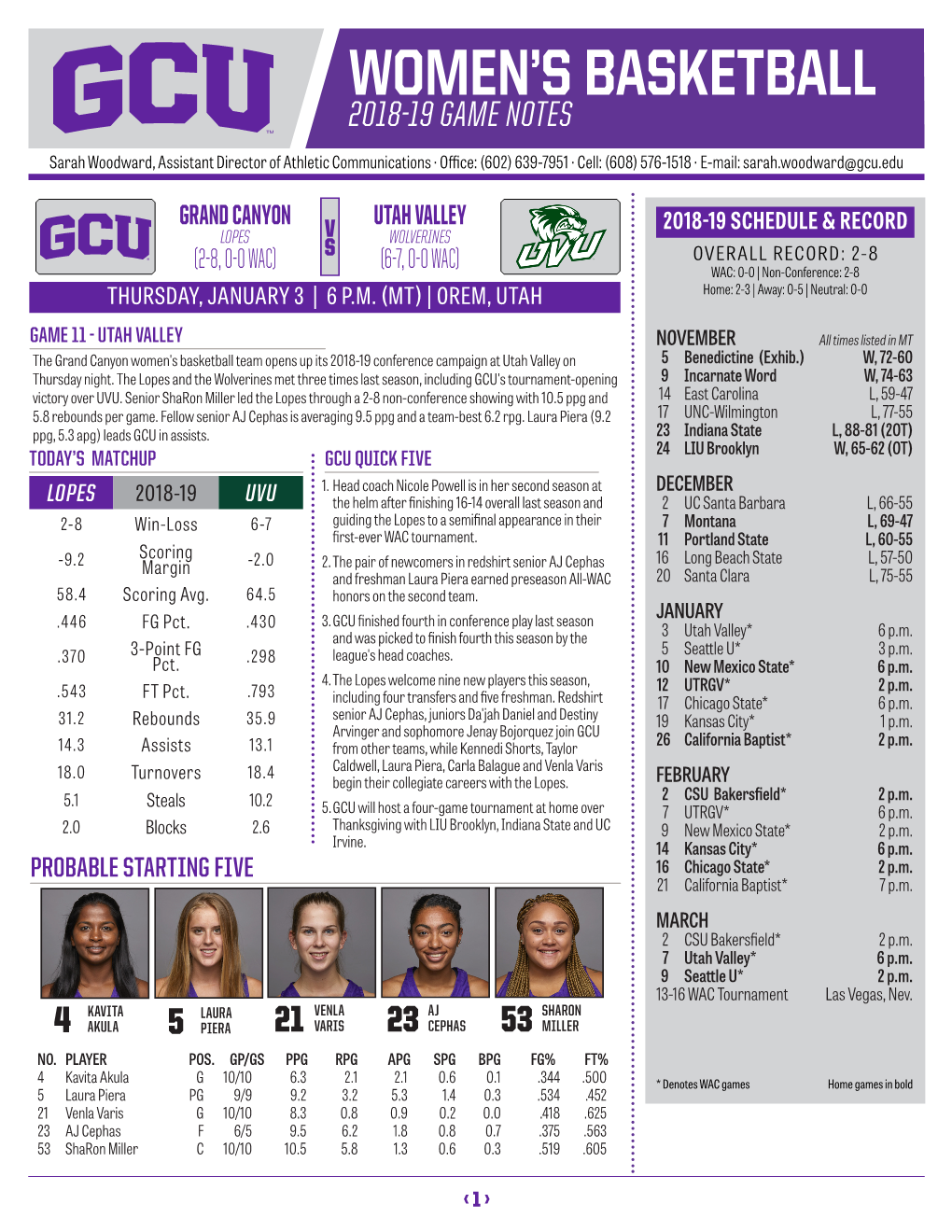 Women's Basketball Team Opens up Its 2018-19 Conference Campaign at Utah Valley on 5 Benedictine (Exhib.) W, 72-60 Thursday Night