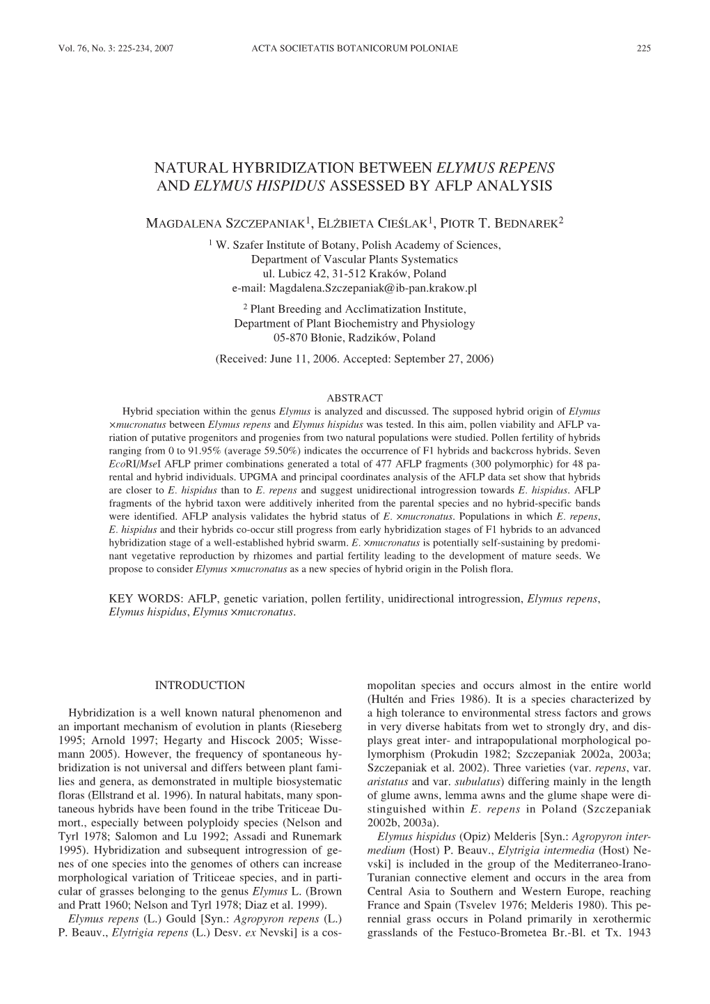 Natural Hybridization Between Elymus Repens and Elymus Hispidus Assessed by Aflp Analysis