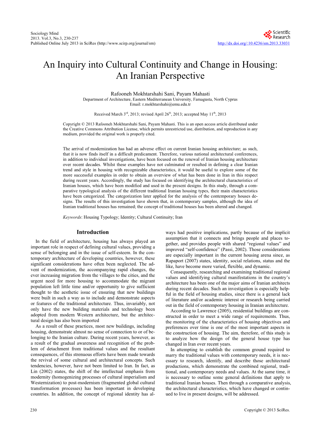 An Inquiry Into Cultural Continuity and Change in Housing: an Iranian Perspective
