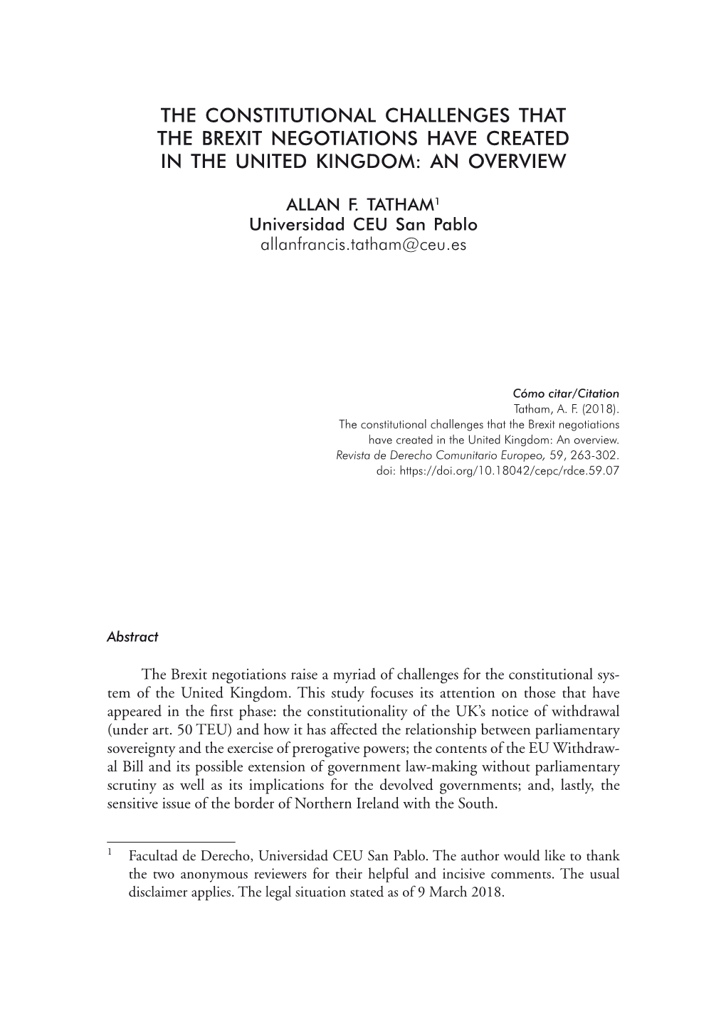 The Constitutional Challenges That the Brexit Negotiations Have Created in the United Kingdom: an Overview