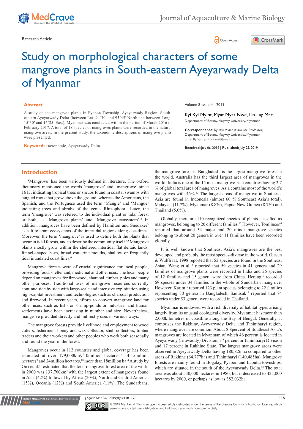 Study on Morphological Characters of Some Mangrove Plants in South-Eastern Ayeyarwady Delta of Myanmar