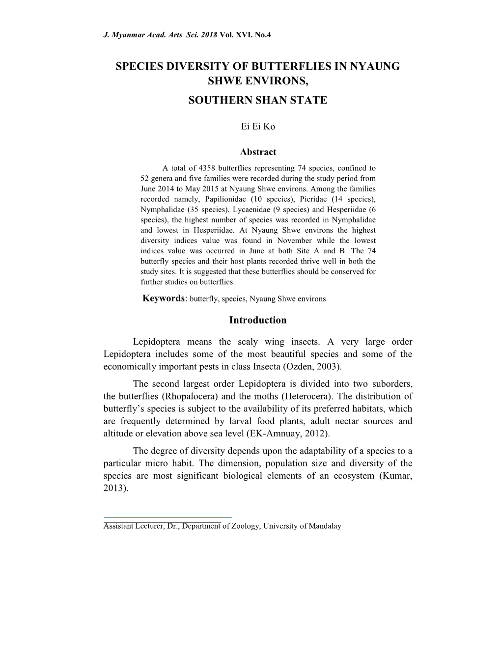 Species Diversity of Butterflies in Nyaung Shwe Environs, Southern Shan State