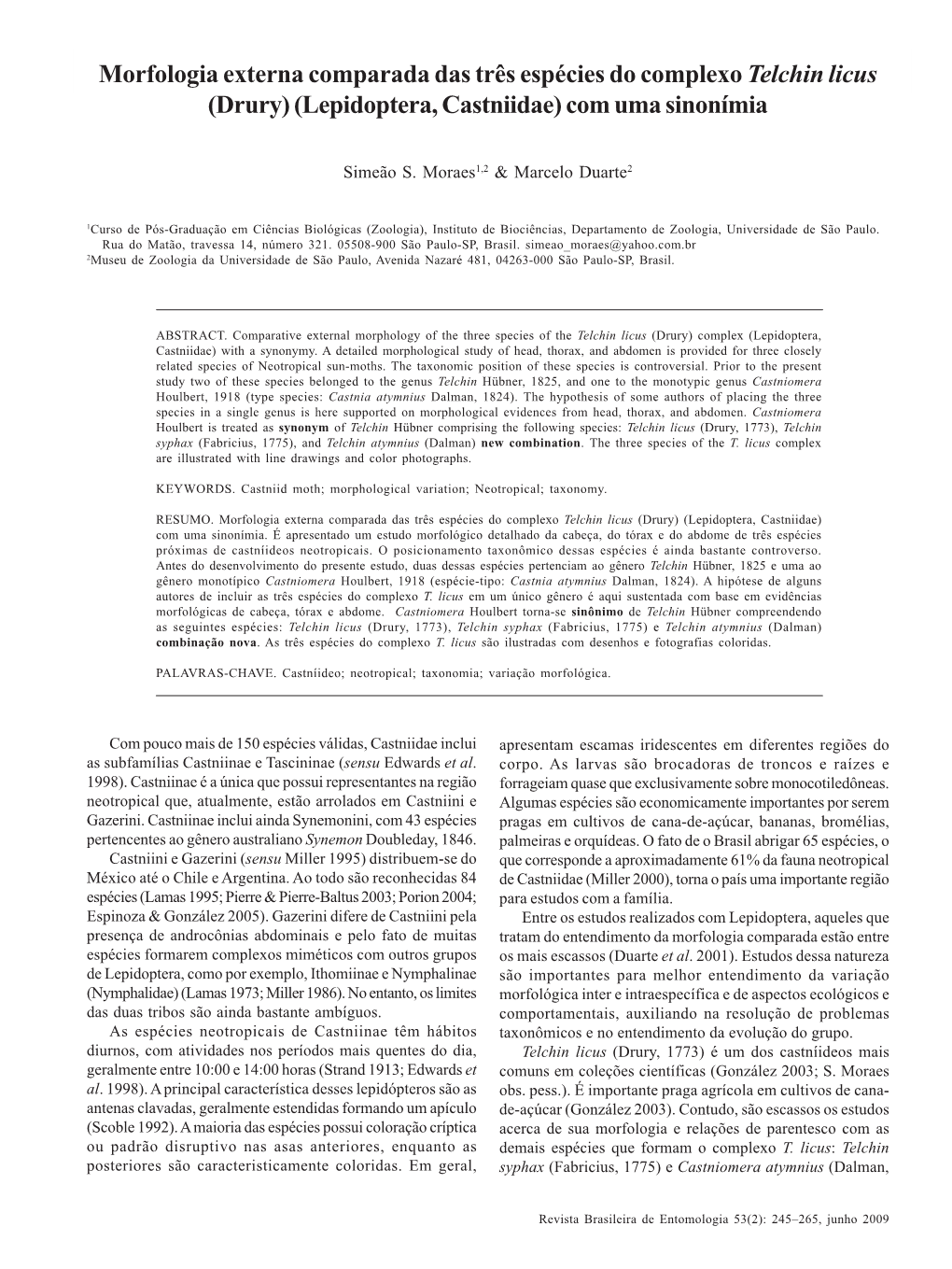 Morfologia Externa Comparada Das Três Espécies Do Complexo Telchin Licus (Drury) (Lepidoptera, Castniidae) Com Uma Sinonímia