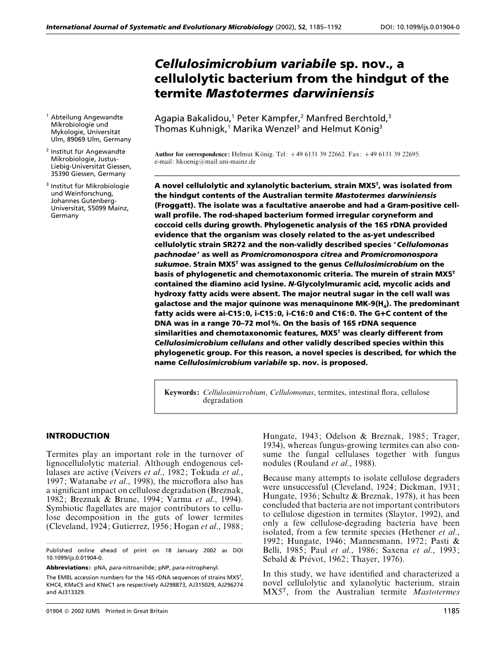 Cellulosimicrobium Variabile Sp. Nov., a Cellulolytic Bacterium from the Hindgut of the Termite Mastotermes Darwiniensis