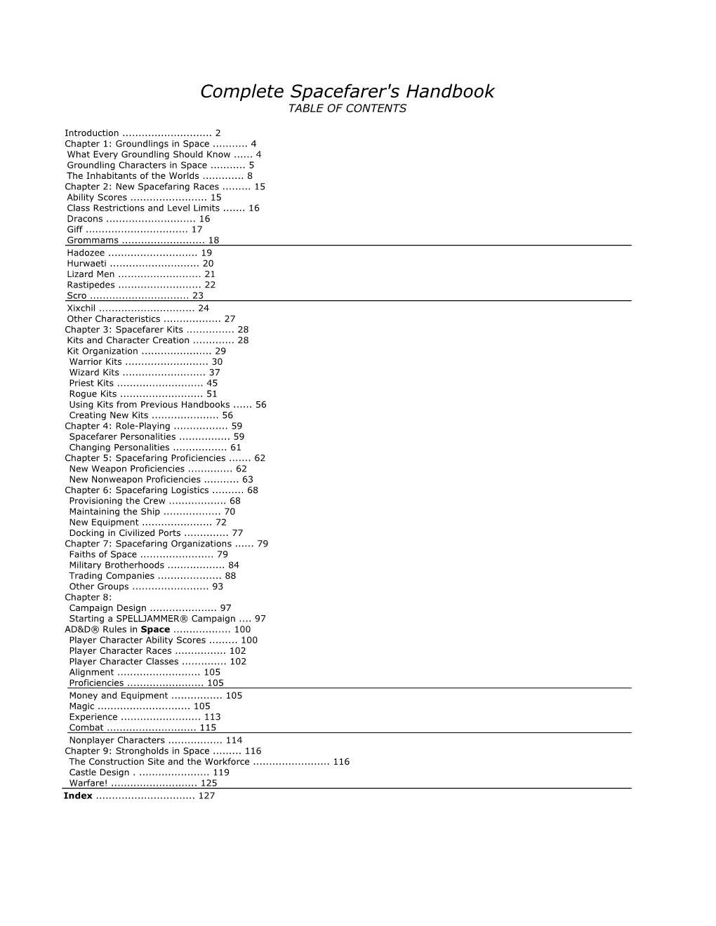 Complete Spacefarer's Handbook TABLE of CONTENTS