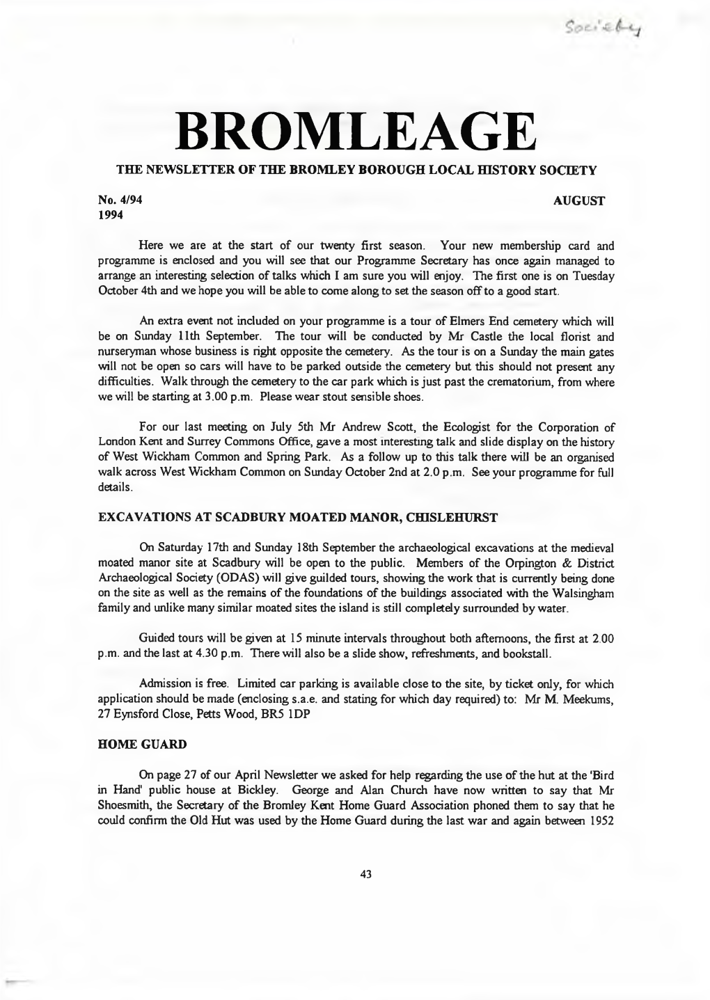 Bromleage the Newsletter of the Bromley Borough Local History Society