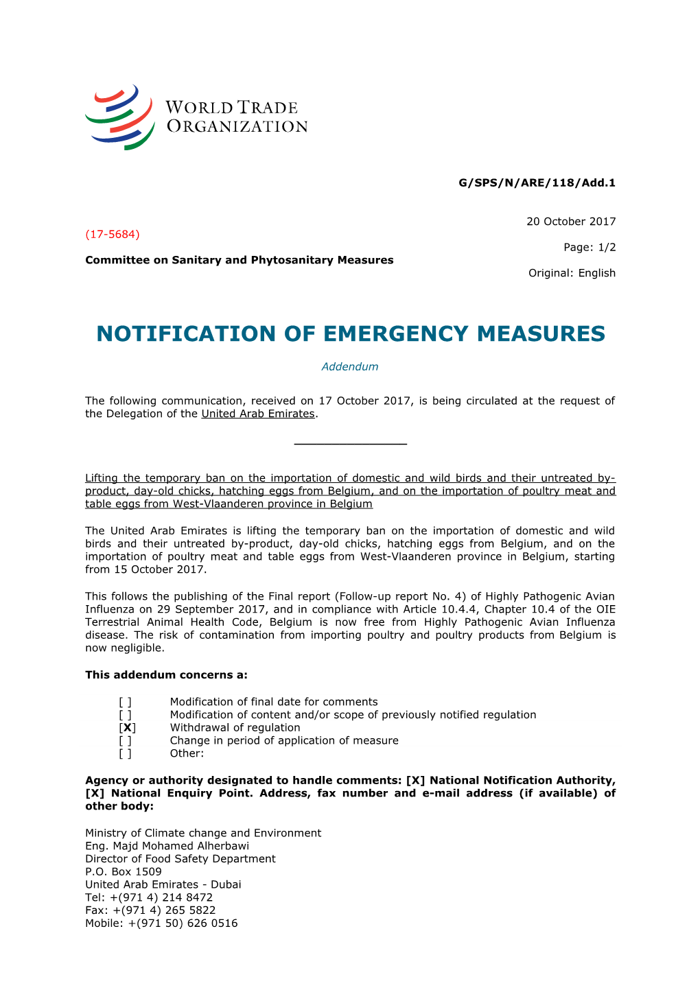 Notification of Emergency Measures