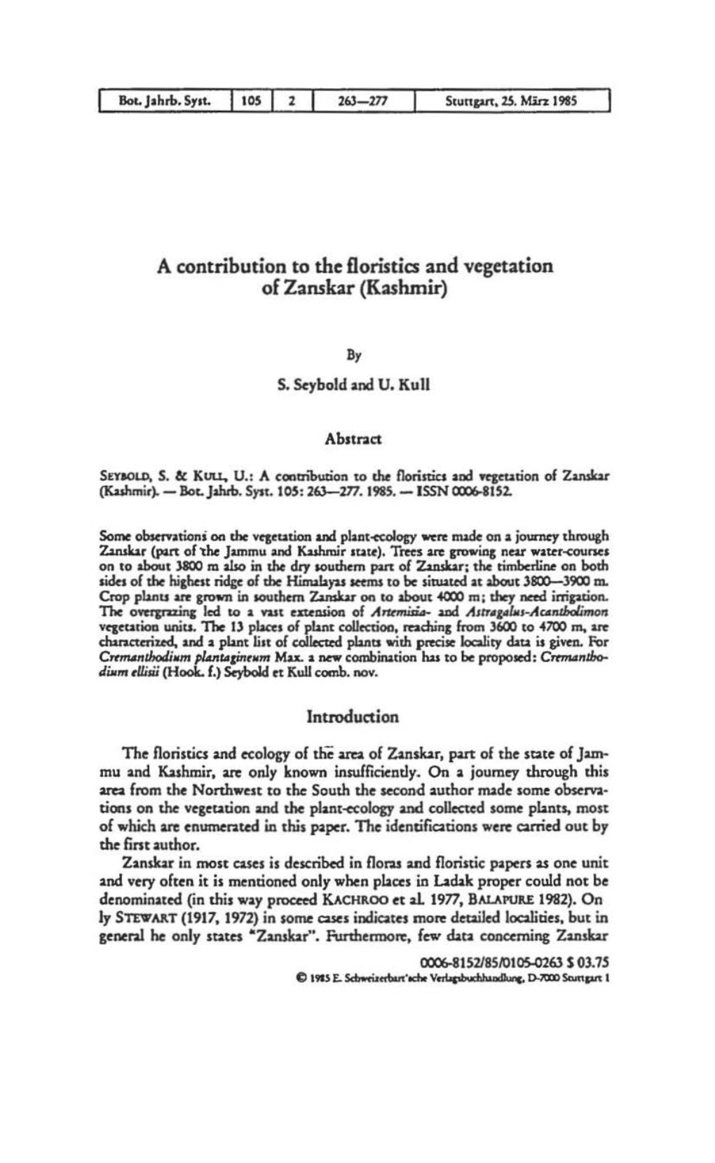 A Contribution to the Ooristics and Vegetation of Zanskar (Kashmir)