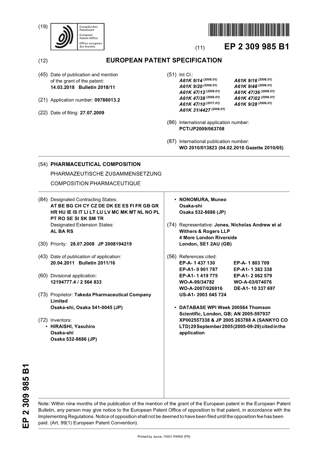 Pharmaceutical Composition Pharmazeutische Zusammensetzung Composition Pharmaceutique