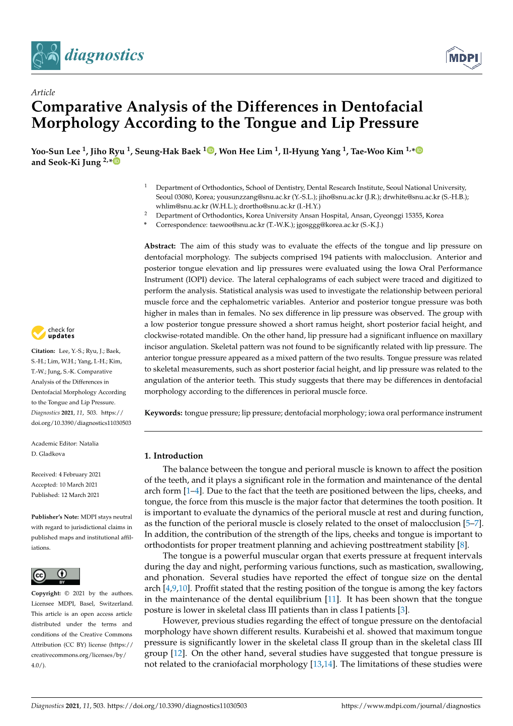 Comparative Analysis of the Differences in Dentofacial Morphology According to the Tongue and Lip Pressure