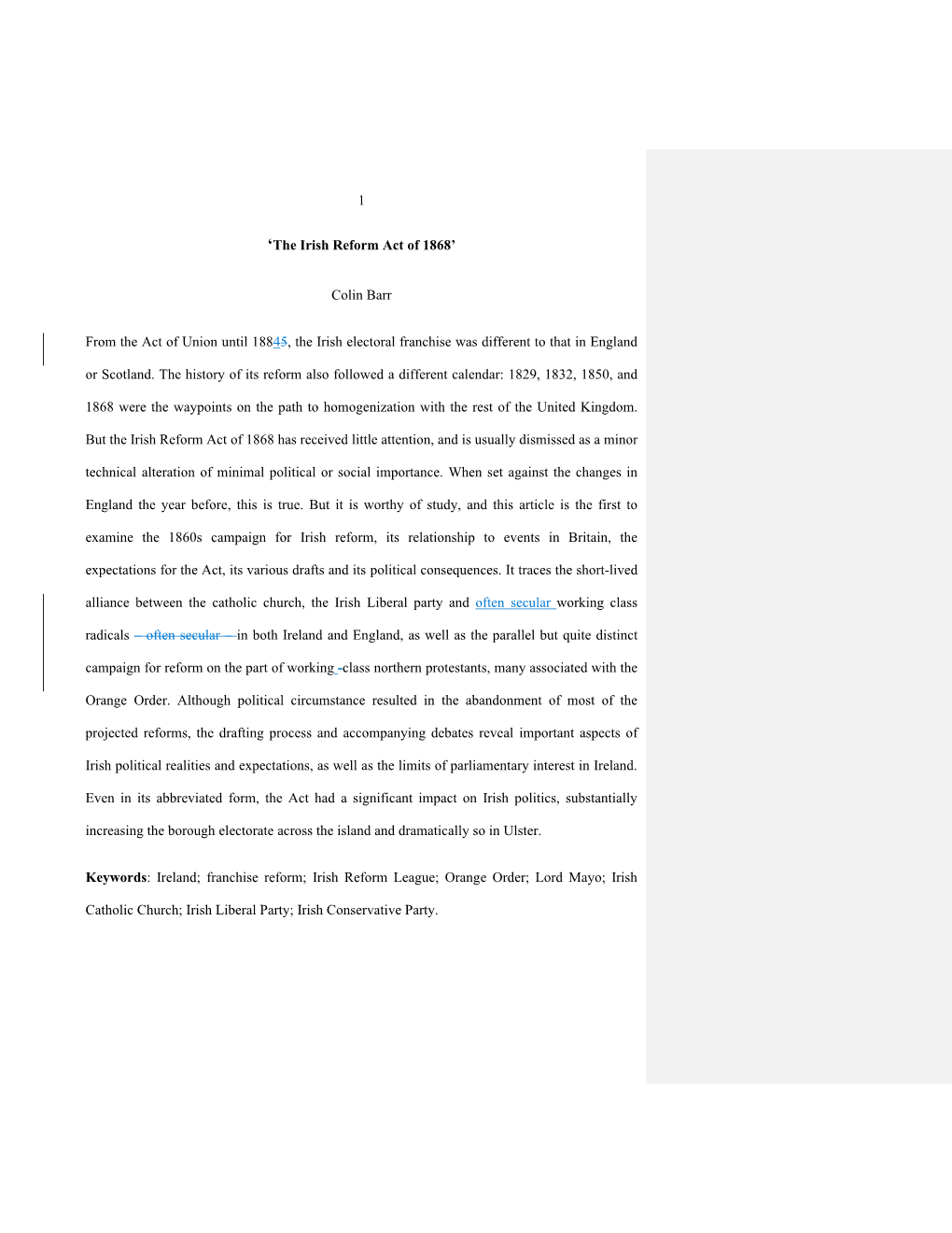 'The Irish Reform Act of 1868' Colin Barr from the Act of Union Until 18845, the Irish Electoral Franchise Was Different T