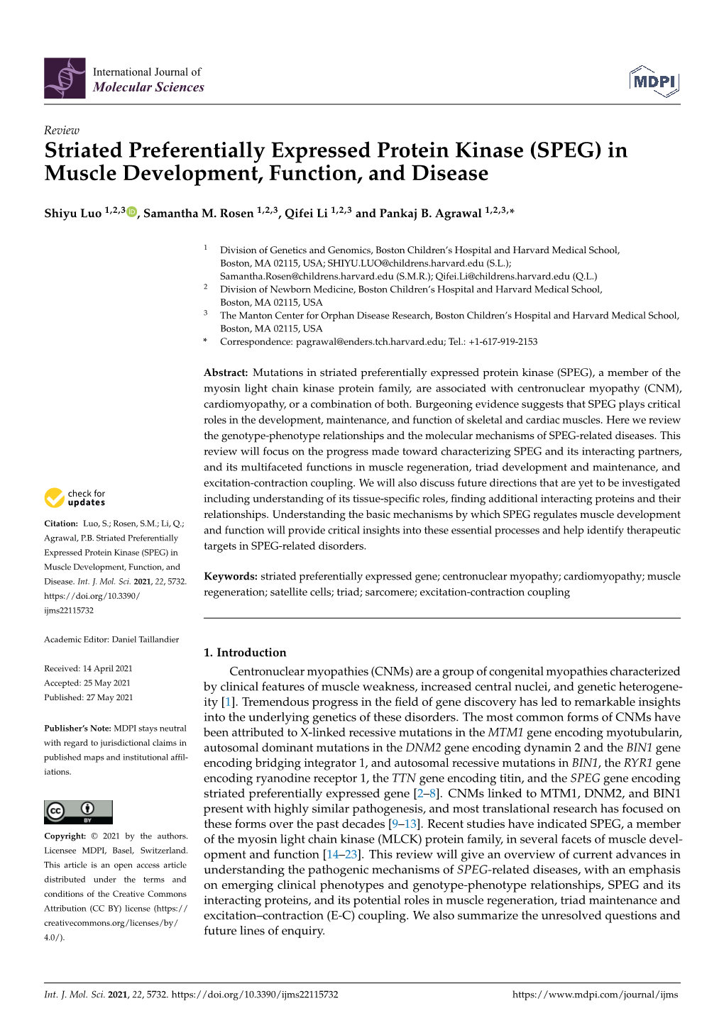 Striated Preferentially Expressed Protein Kinase (SPEG) in Muscle Development, Function, and Disease