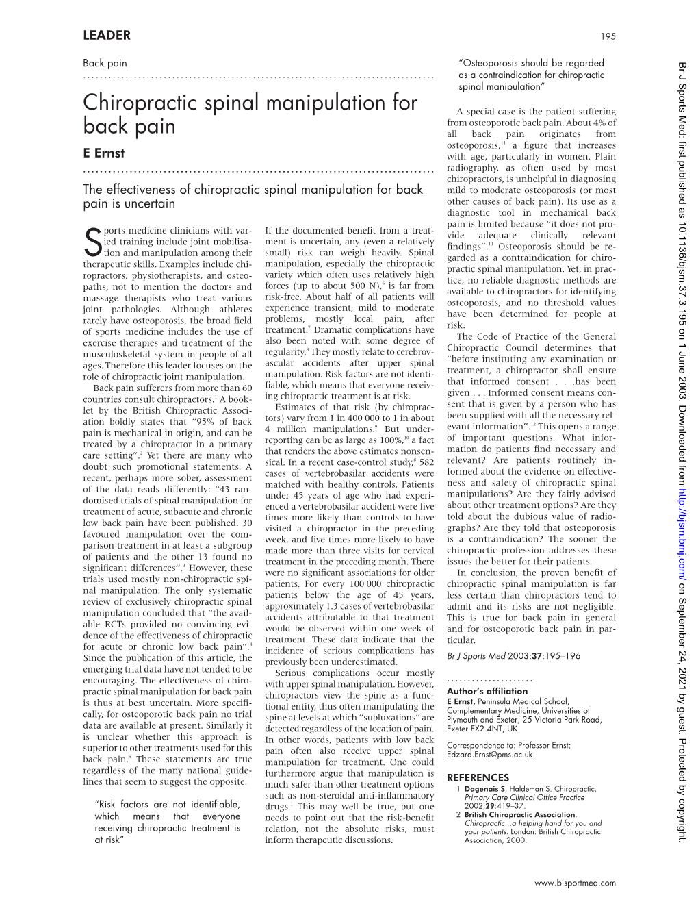 Chiropractic Spinal Manipulation for Back Pain