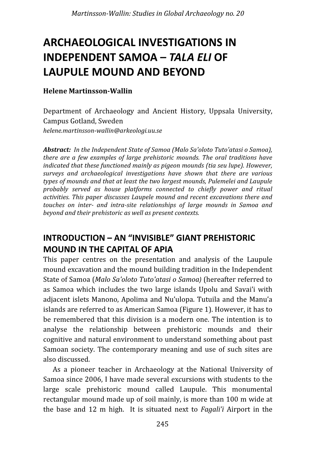 Archaeological Investigations in Independent Samoa – Tala Eli of Laupule Mound and Beyond