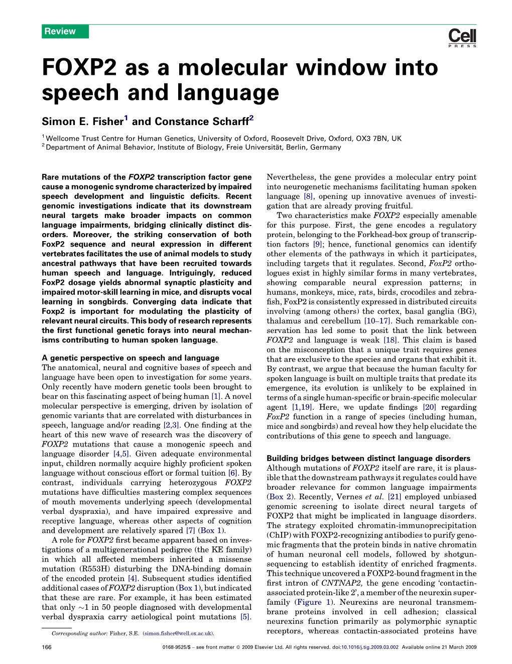 FOXP2 As a Molecular Window Into Speech and Language