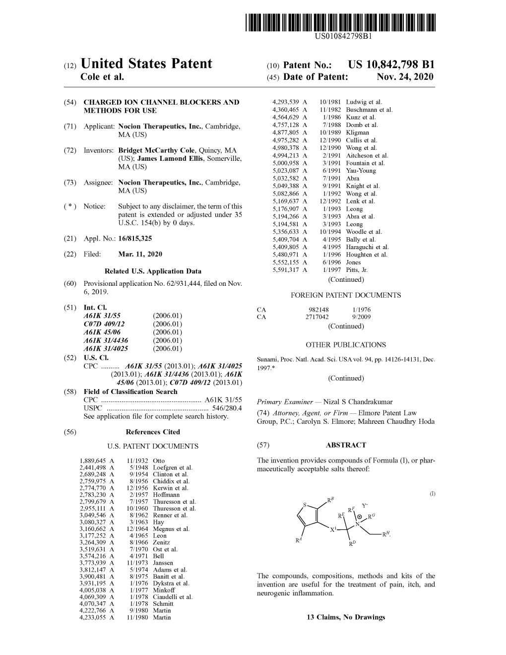 ( 12 ) United States Patent ( 10 ) Patent No .: US 10,842,798 B1 Cole Et Al