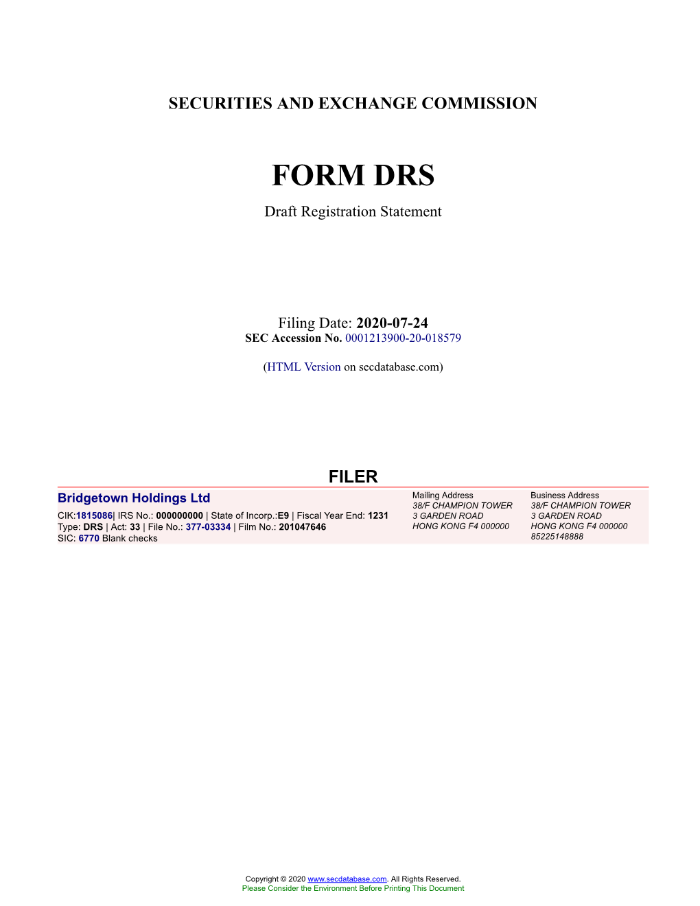 Bridgetown Holdings Ltd Form DRS Filed 2020-07-24