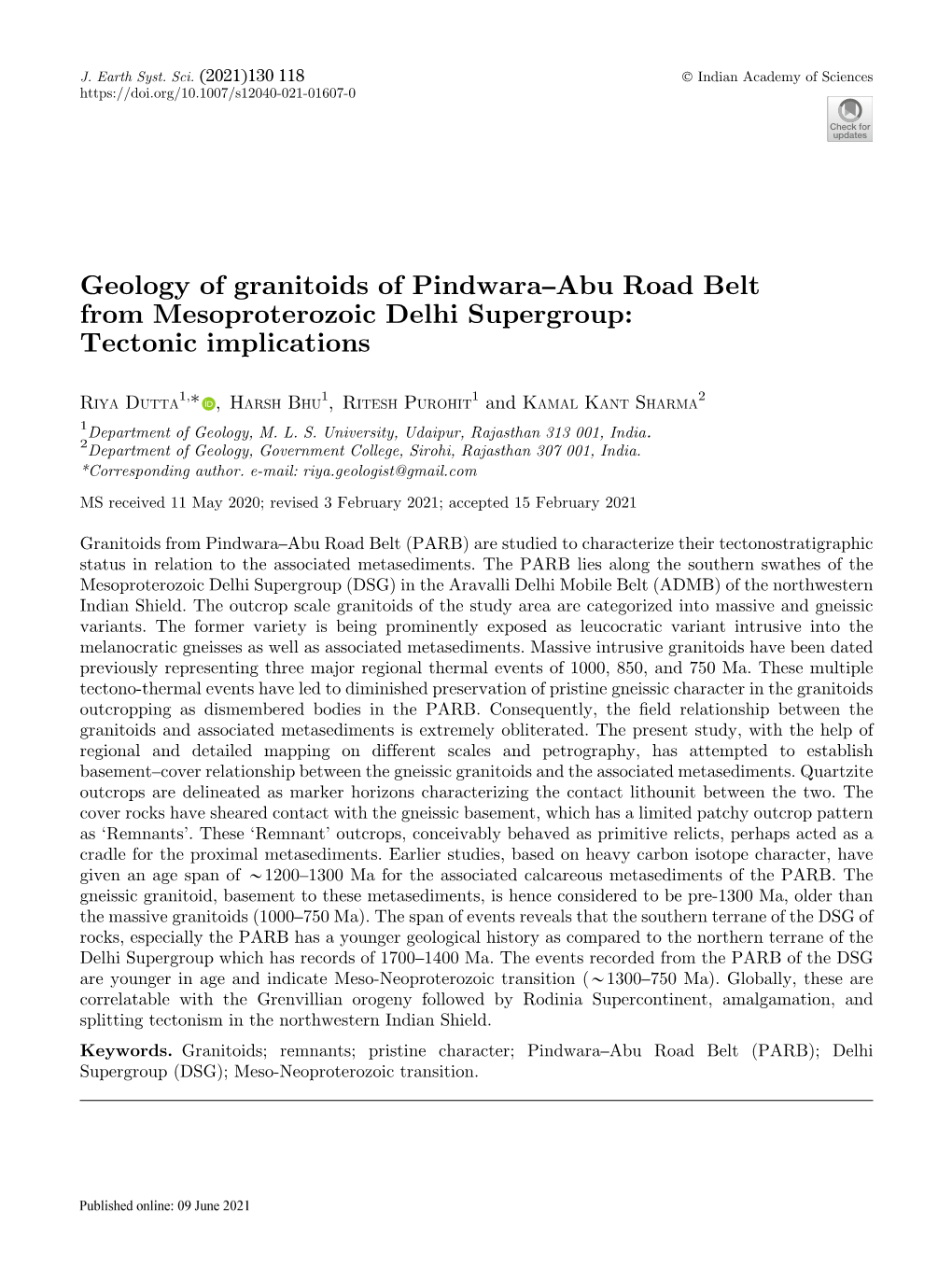 Geology of Granitoids of Pindwara–Abu Road Belt from Mesoproterozoic Delhi Supergroup: Tectonic Implications