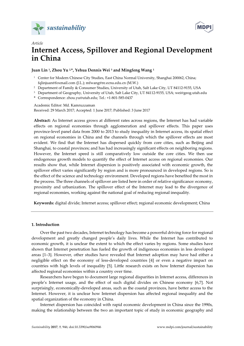 Internet Access, Spillover and Regional Development in China