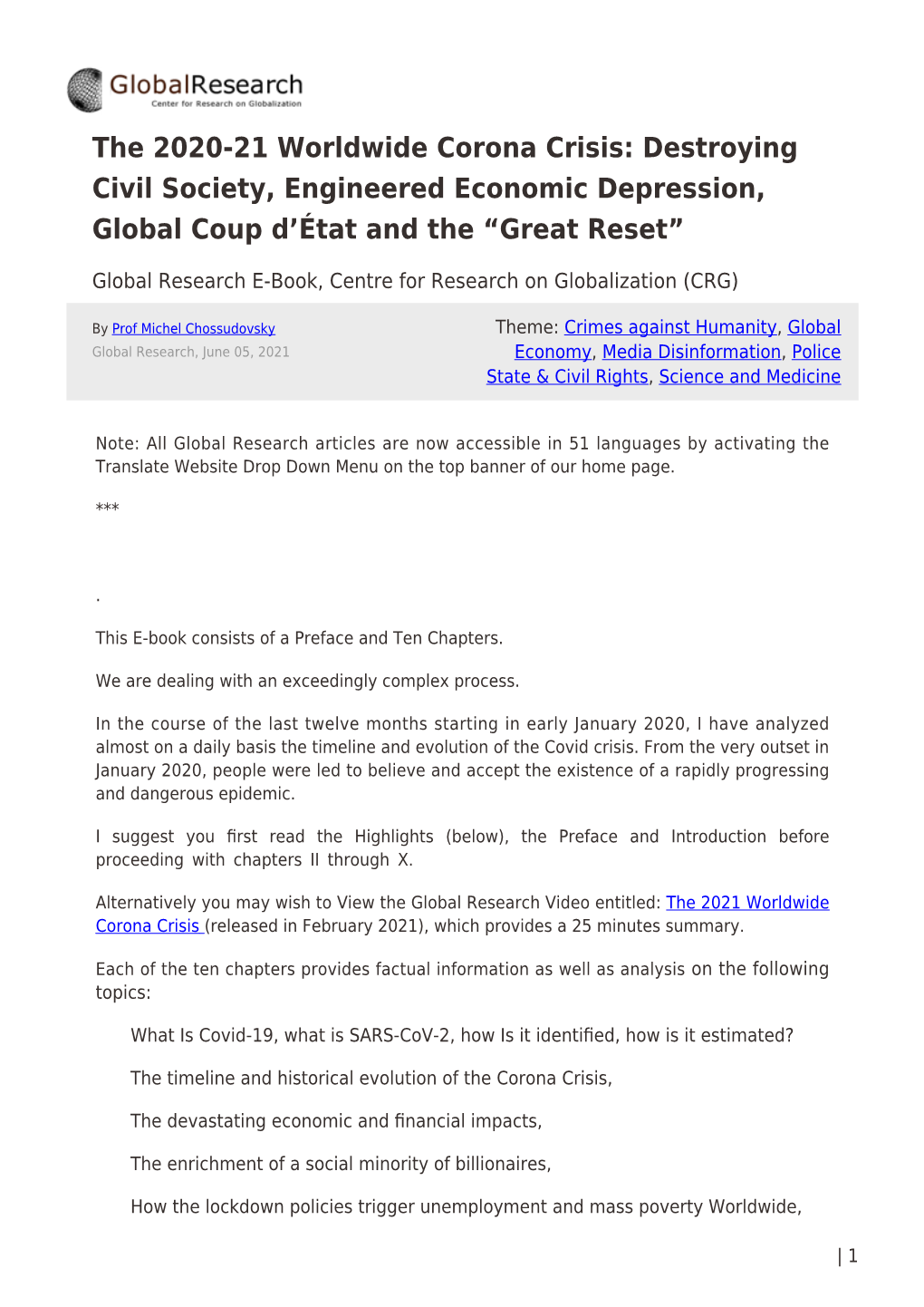 The 2020-21 Worldwide Corona Crisis: Destroying Civil Society, Engineered Economic Depression, Global Coup D’État and the “Great Reset”