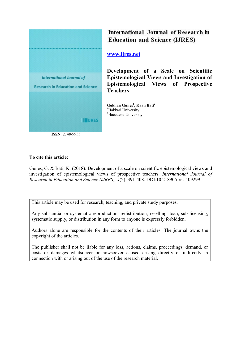 Development of a Scale on Scientific Epistemological Views and Investigation of Epistemological Views of Prospective Teachers