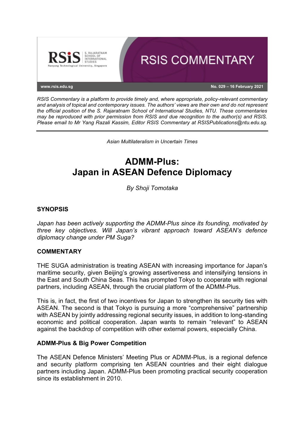 ADMM-Plus: Japan in ASEAN Defence Diplomacy