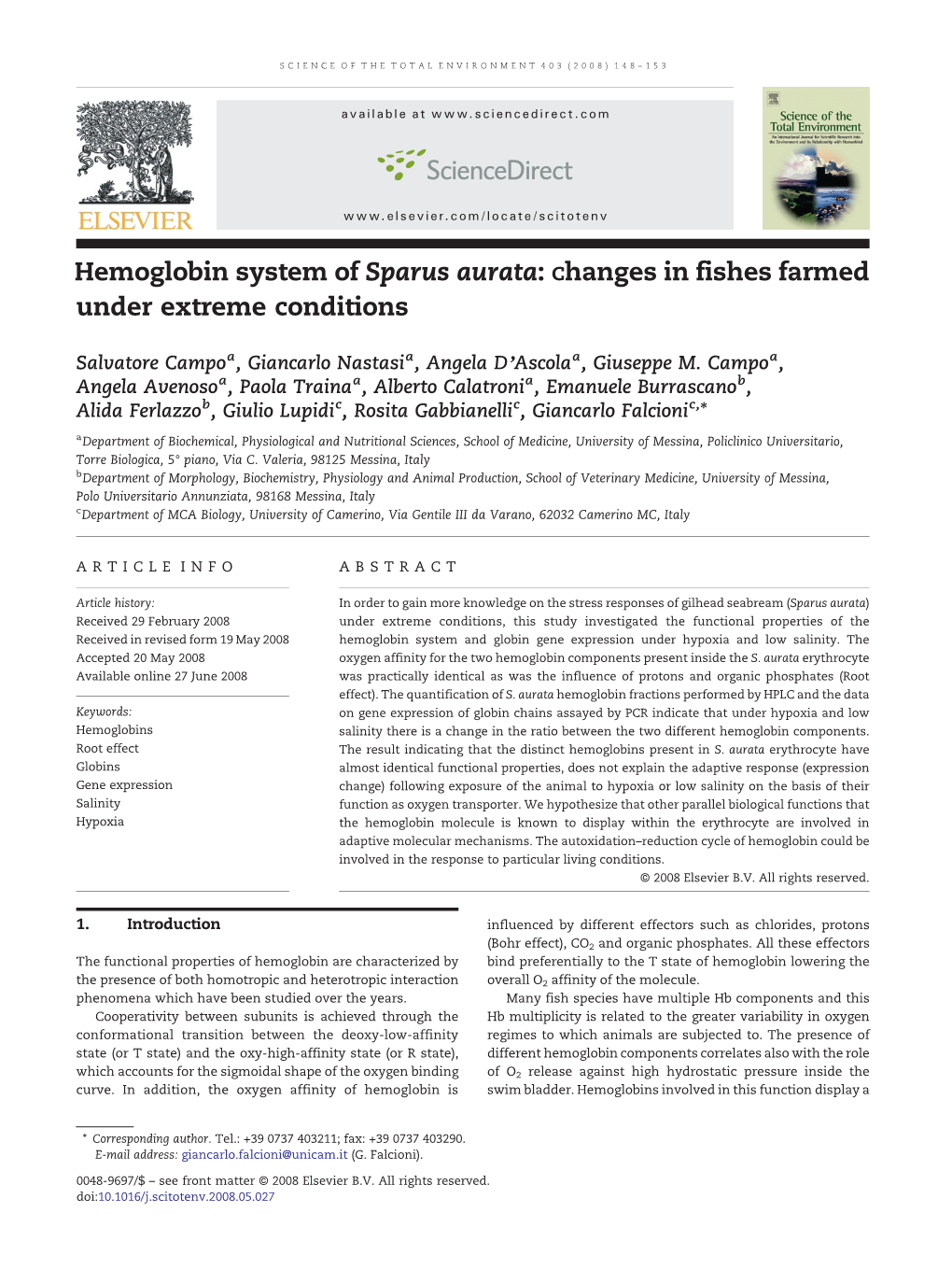 Hemoglobin System of Sparus Aurata: Changes in Fishes Farmed Under Extreme Conditions