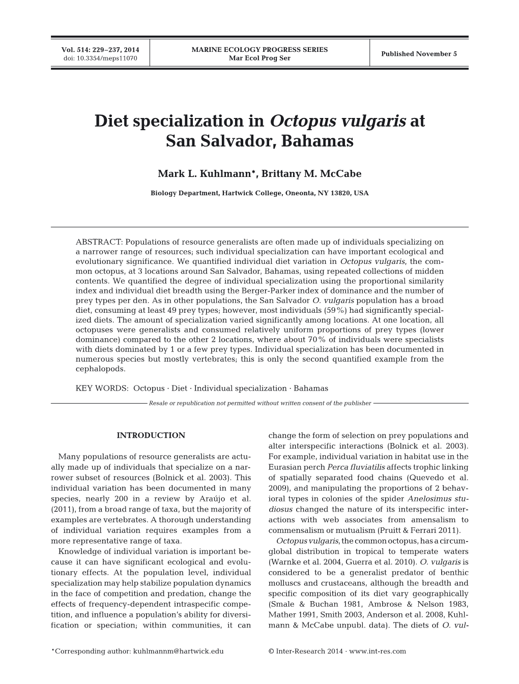 Diet Specialization in Octopus Vulgaris at San Salvador, Bahamas