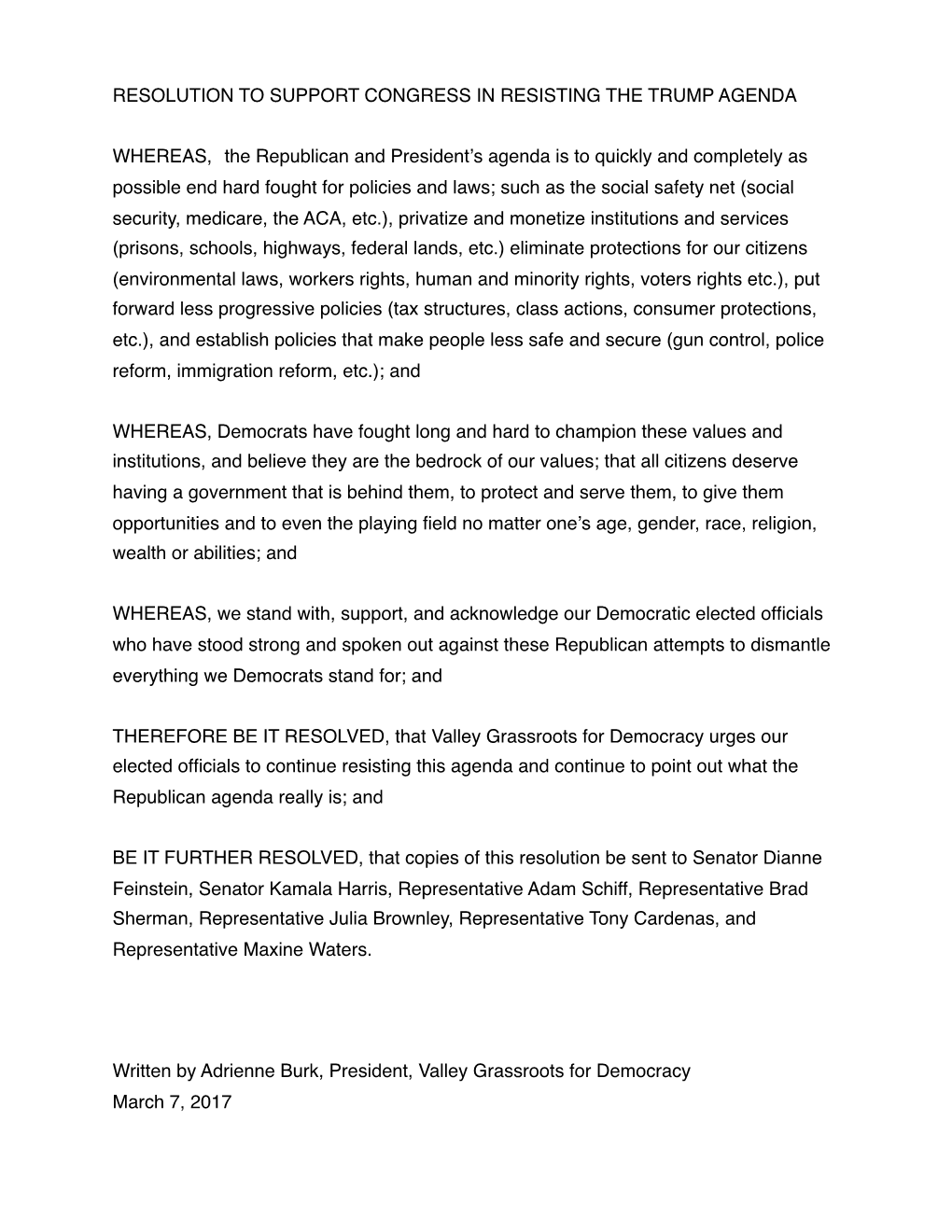 Resolution to Support Congress in Resisting the Trump Agenda