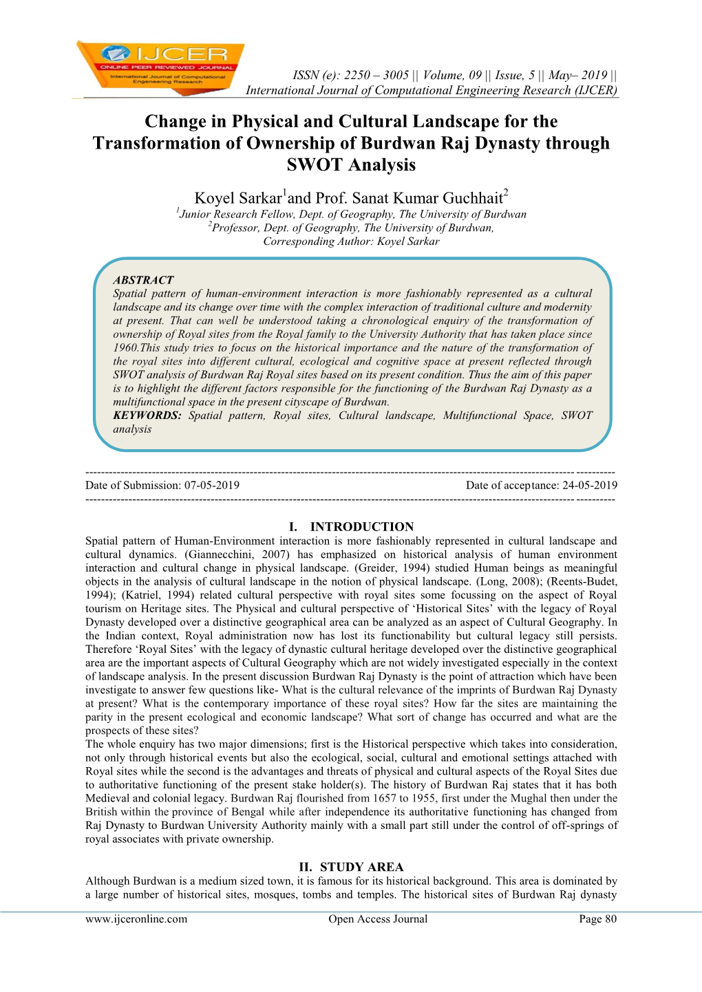 Change in Physical and Cultural Landscape for the Transformation of Ownership of Burdwan Raj Dynasty Through SWOT Analysis