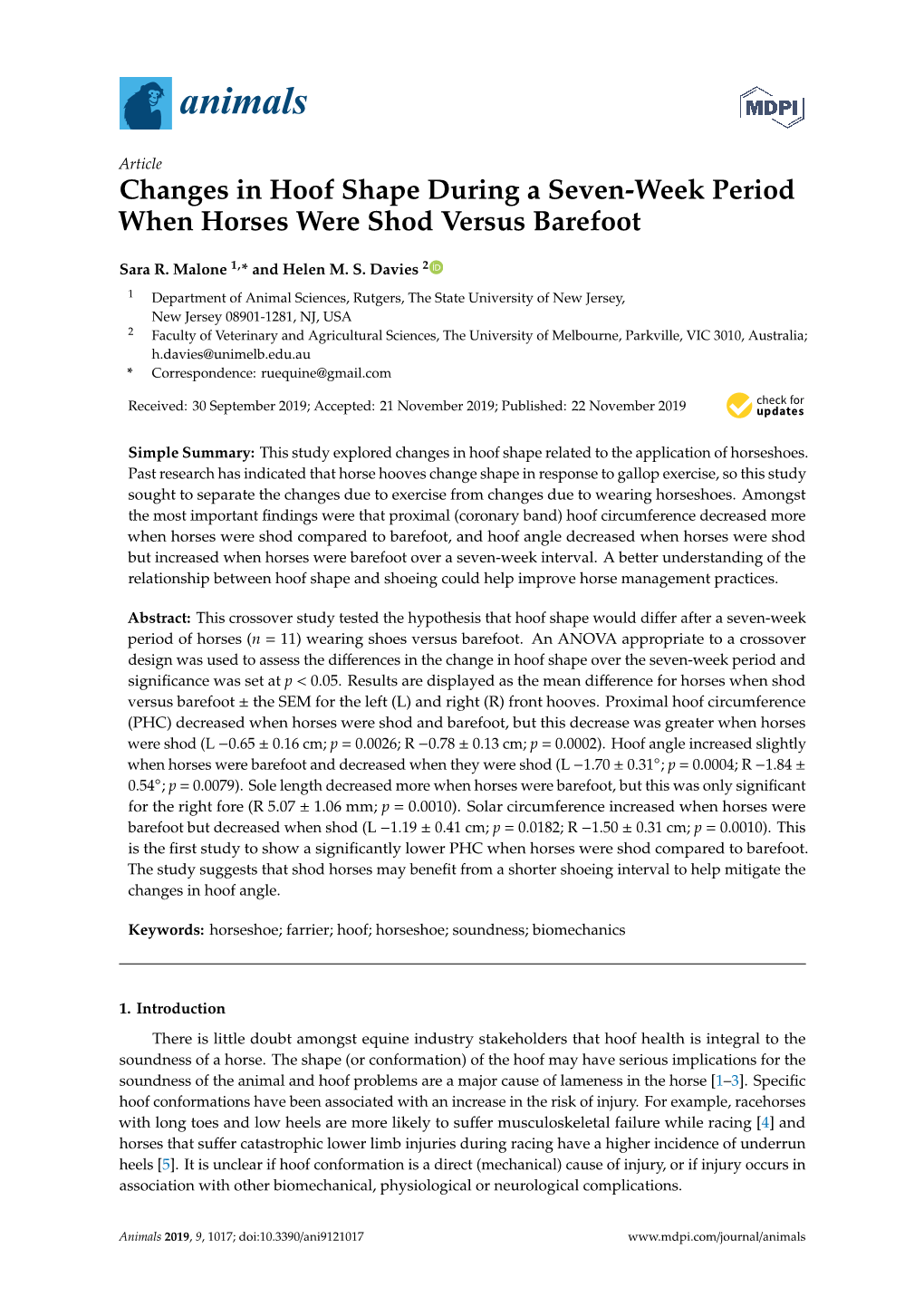 Changes in Hoof Shape During a Seven-Week Period When Horses Were Shod Versus Barefoot