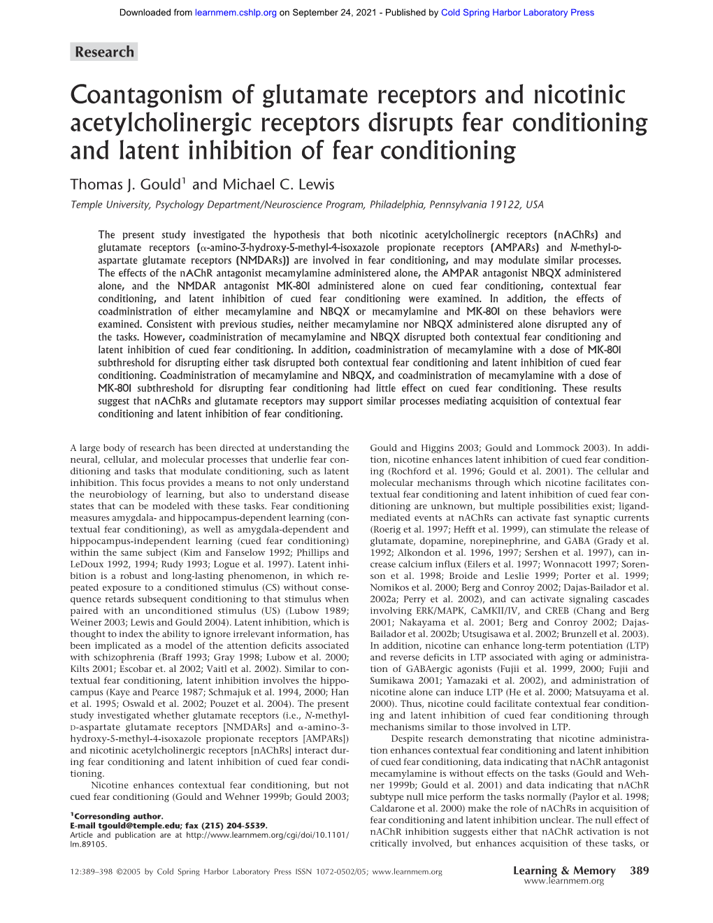 Coantagonism of Glutamate Receptors and Nicotinic Acetylcholinergic Receptors Disrupts Fear Conditioning and Latent Inhibition of Fear Conditioning Thomas J