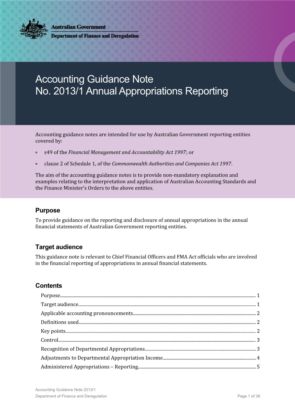 Accounting Guidance Note No. 2013/1 Annual Appropriations Reporting