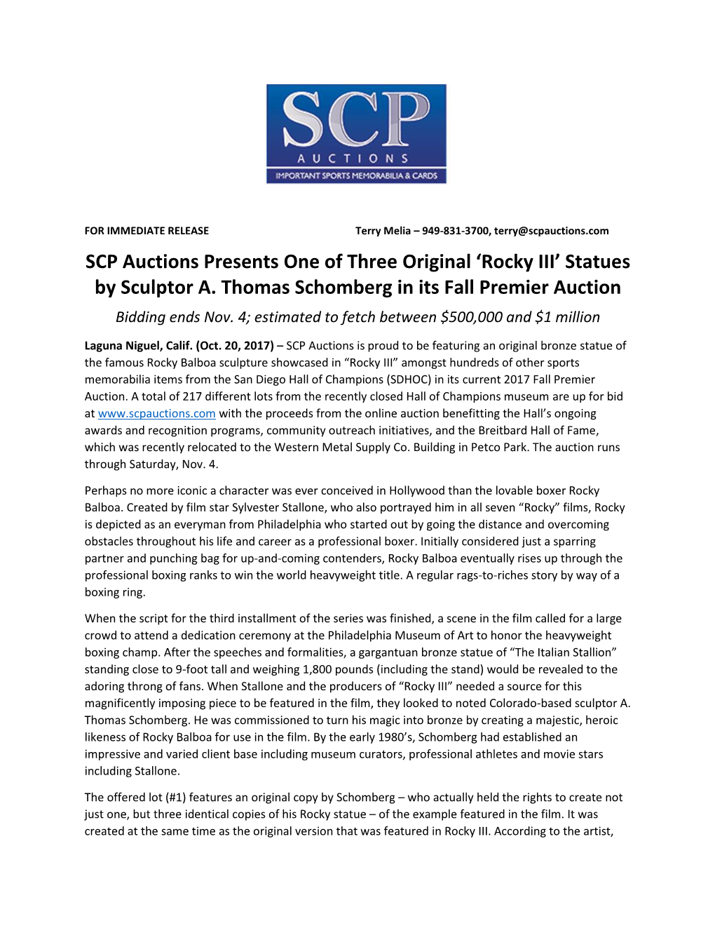 SCP Auctions Presents the Rocky Balboa Bronze Statue PR