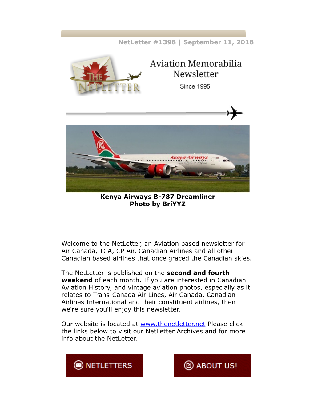 Netletter #1398 | September 11, 2018 Kenya Airways B-787 Dreamliner