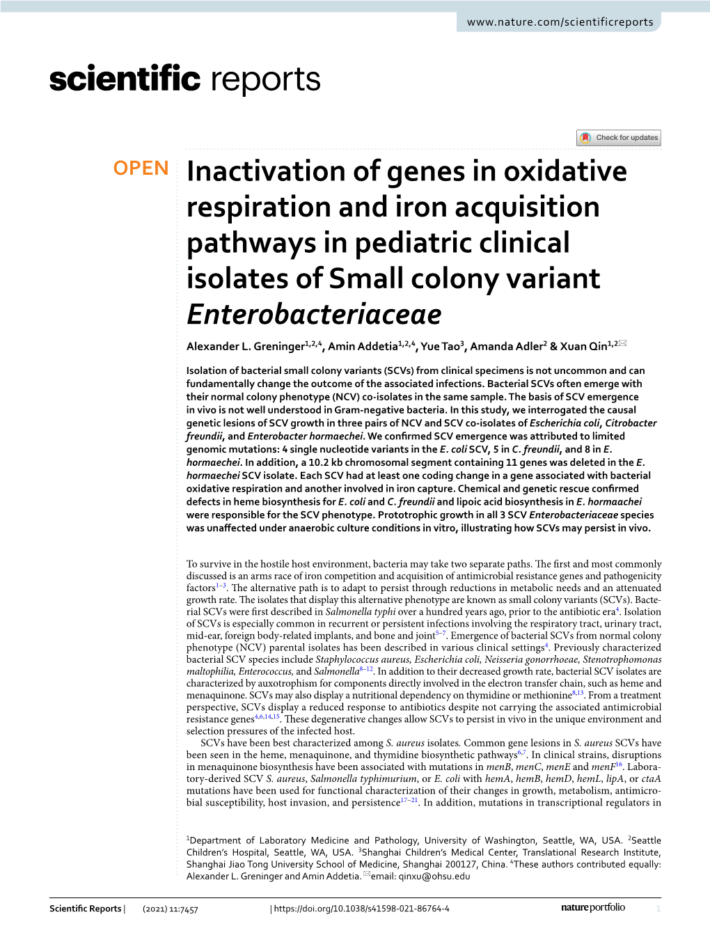 Inactivation of Genes in Oxidative Respiration and Iron Acquisition Pathways in Pediatric Clinical Isolates of Small Colony Variant Enterobacteriaceae Alexander L