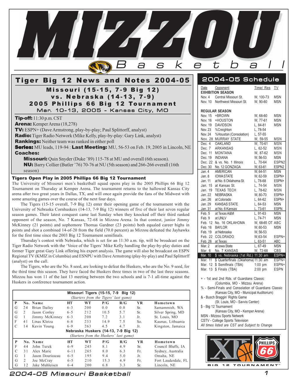 Big 12 News and Notes 2004-05 2004-05 Schedule Date Opponent Time/ Res TV Missouri (15-15, 7-9 Big 12) EXHIBITION SEASON Vs