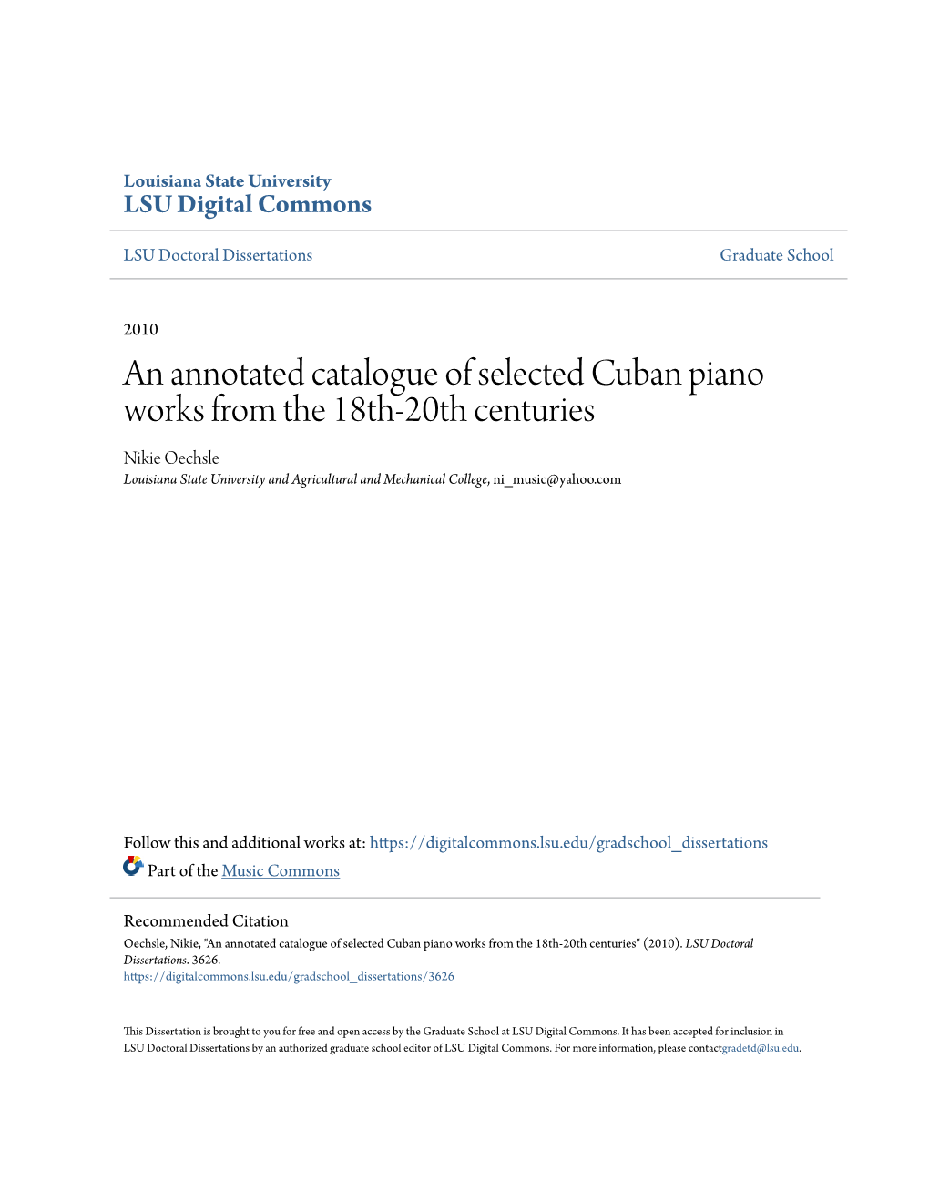 An Annotated Catalogue of Selected Cuban Piano Works from the 18Th