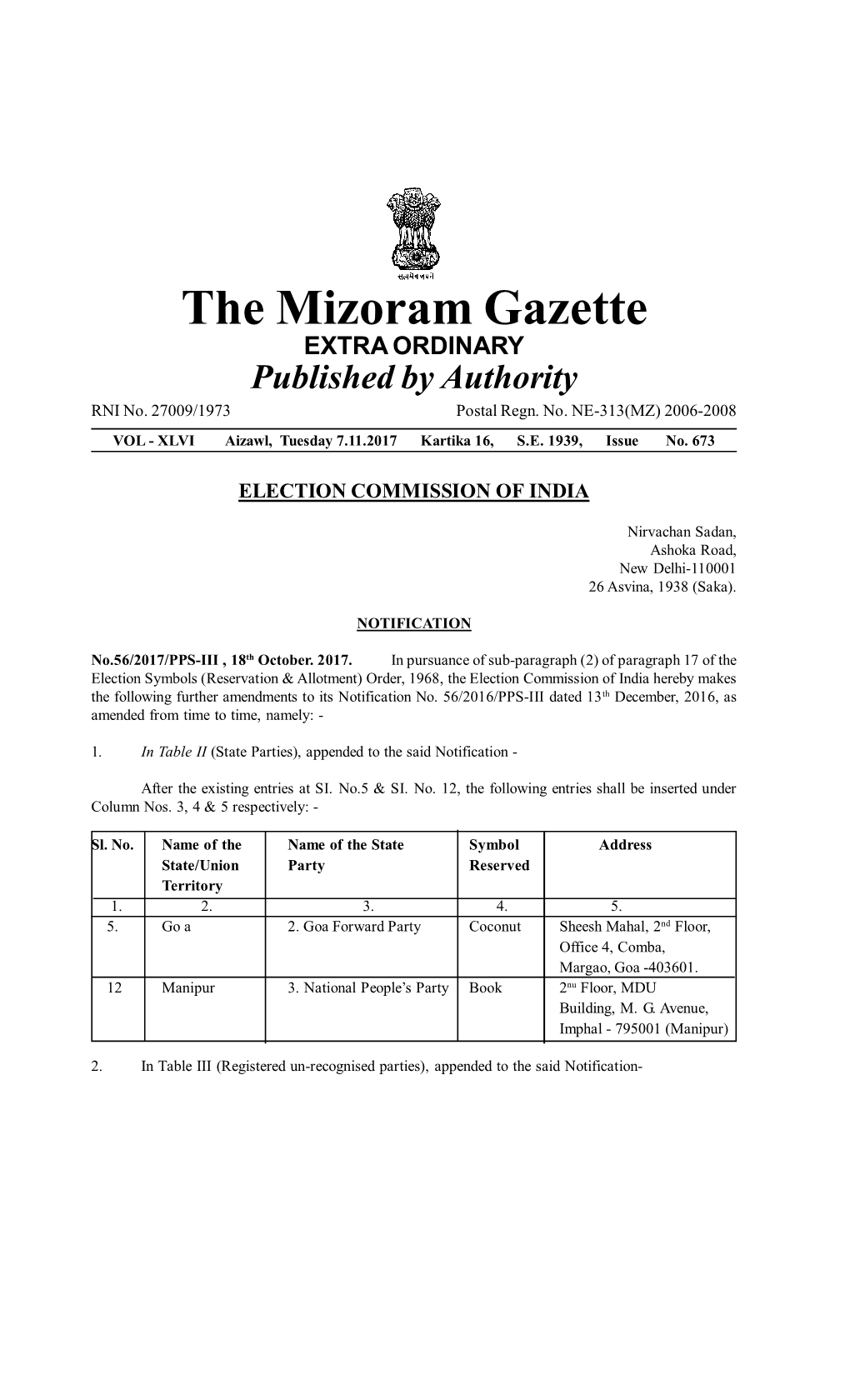 The Mizoram Gazette EXTRA ORDINARY Published by Authority RNI No