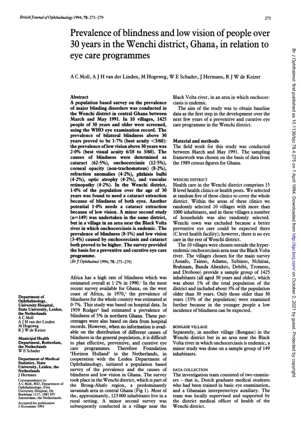 30 Years in the Wenchi District, Ghana, in Relation to Br J Ophthalmol: First Published As 10.1136/Bjo.78.4.275 on 1 April 1994