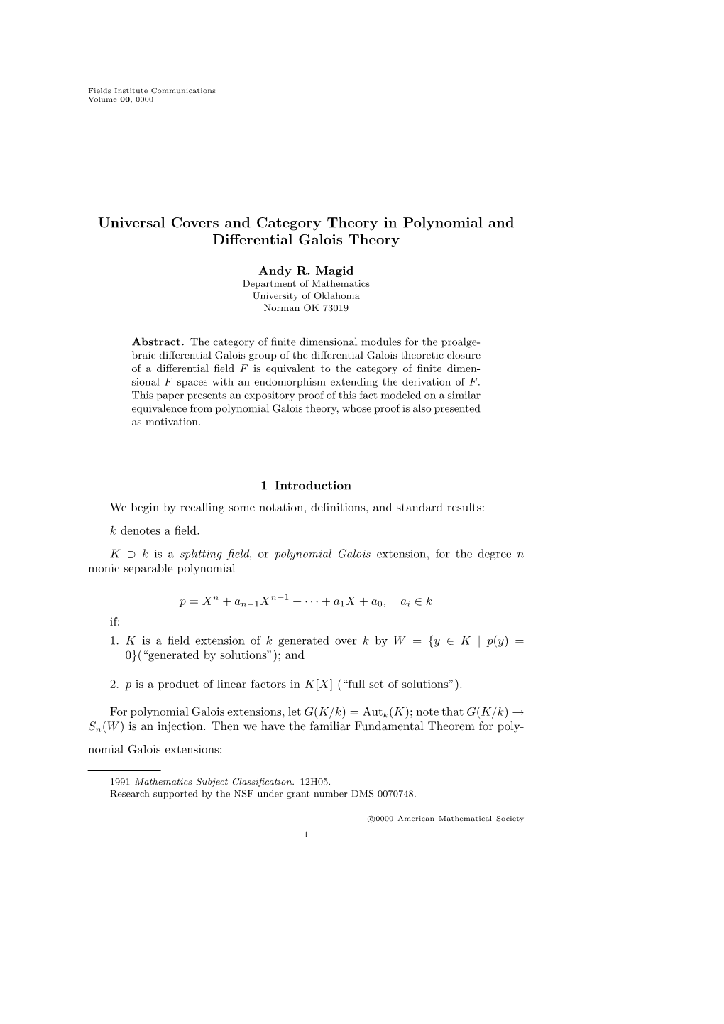 Universal Covers and Category Theory in Polynomial and Diﬀerential Galois Theory