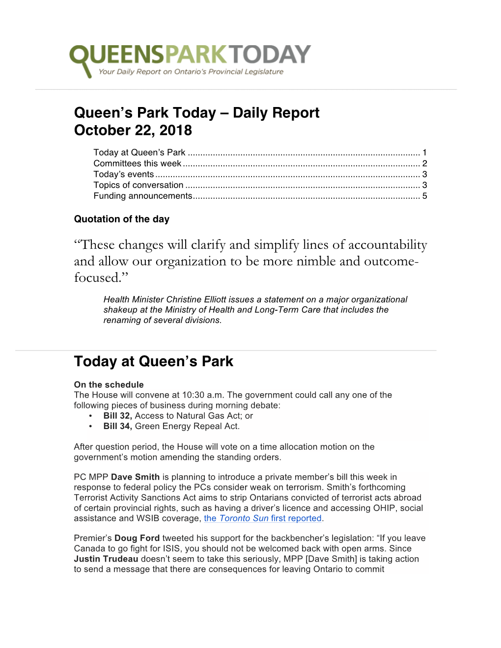 Queen's Park Today – Daily Report October 22