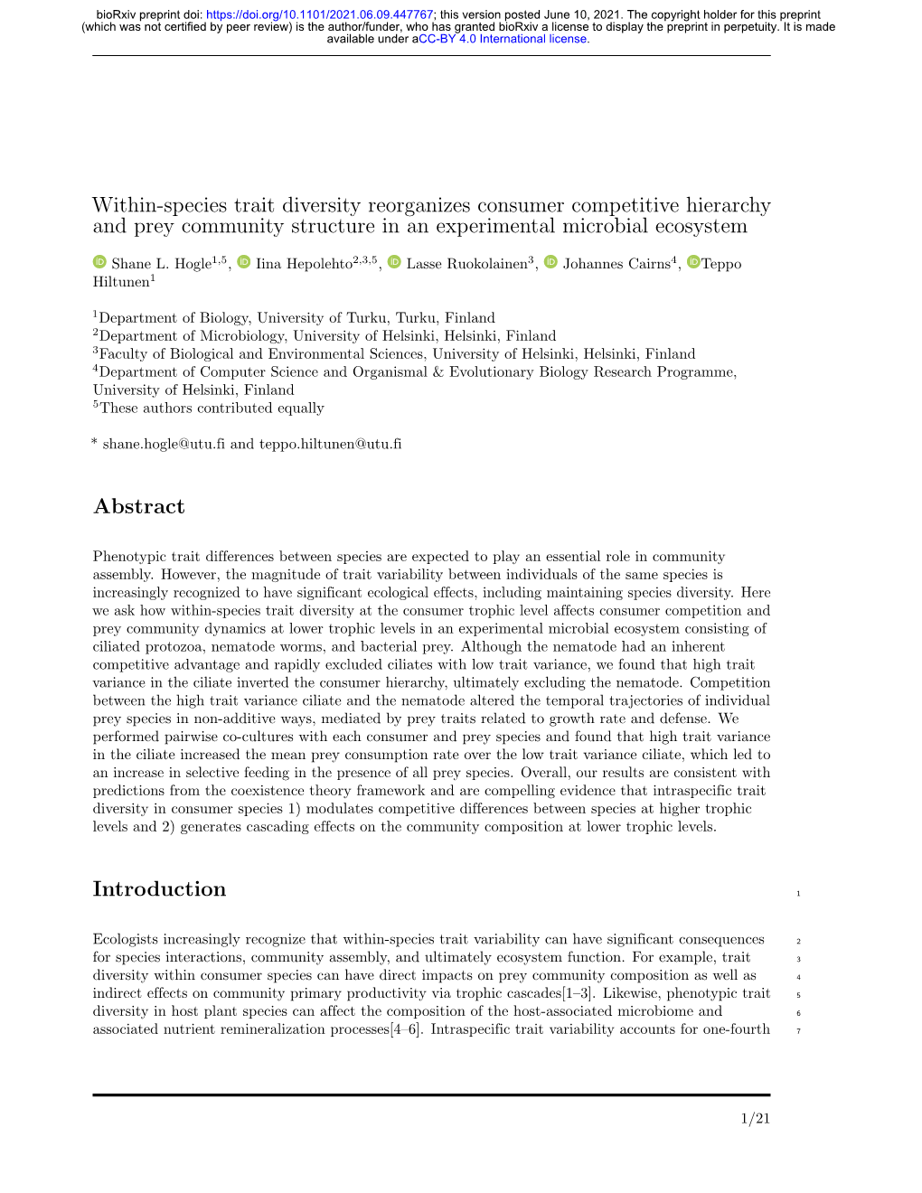 Within-Species Trait Diversity Reorganizes Consumer Competitive Hierarchy and Prey Community Structure in an Experimental Microbial Ecosystem