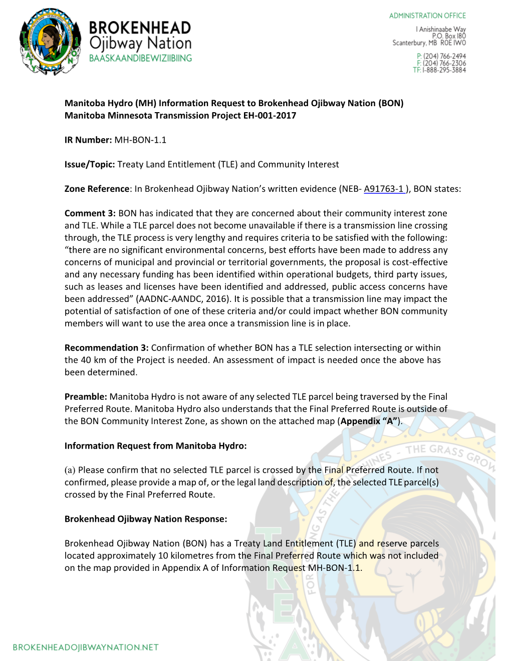 (MH) Information Request to Brokenhead Ojibway Nation (BON) Manitoba Minnesota Transmission Project EH-001-2017